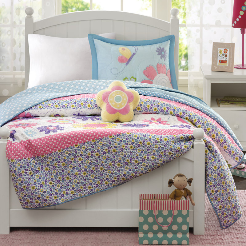 Blue and Pink Reversible Microfiber Twin Quilt Set
