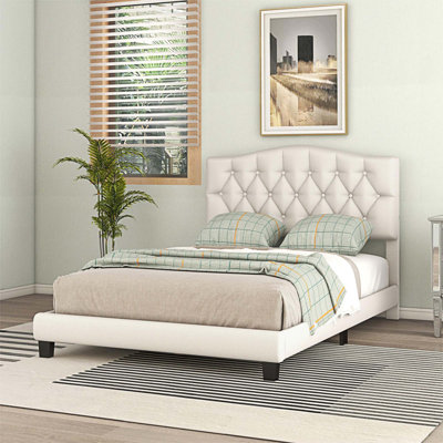 Lit plateforme tapissier avec tête de lit courbée et détails capitonnés Diamond, beige