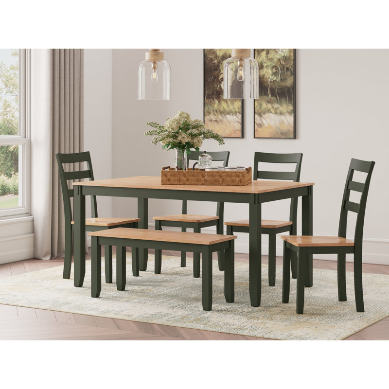 Transitional Natural Mango Wood and Green Dining Set with Bench