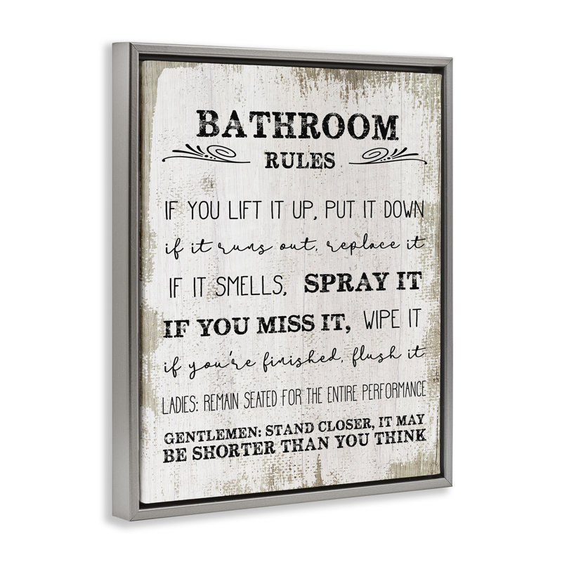 «Rustic Bathroom Rules Humor», art mural sur toile flottante par Daphne Polselli, Cadre flottant gris lustré