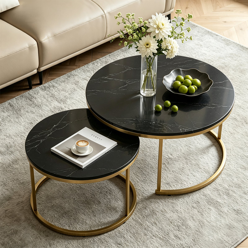 Table d'appoint 2 pièces ronde avec structure en métal et tables d'appoint en bois, Noir, Gold