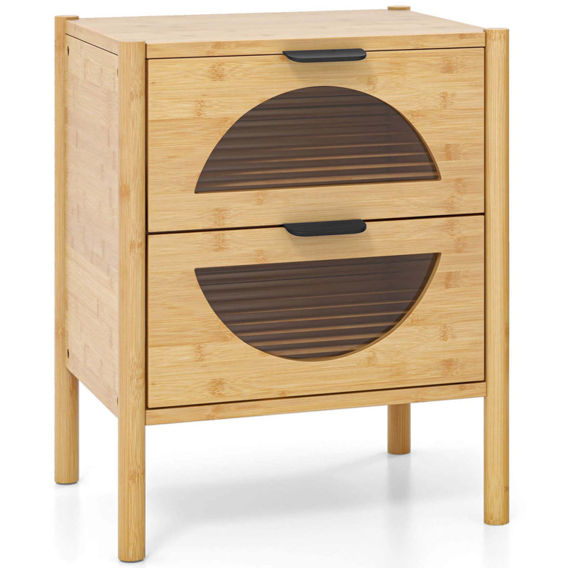 Bamboo Nightstand With 2 Storage Drawers & Reeded Tempered Glass Fronts Bedroom, Individual
