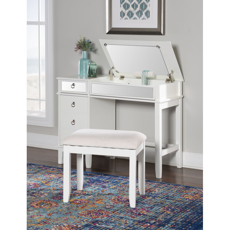 Ensemble de coiffeuse décoratif à plusieurs tiroirs avec tabouret rembourré Dangeras, Blanc