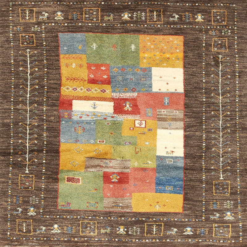 Tapis contemporain rouge / vert / brun, Carré 5 pi