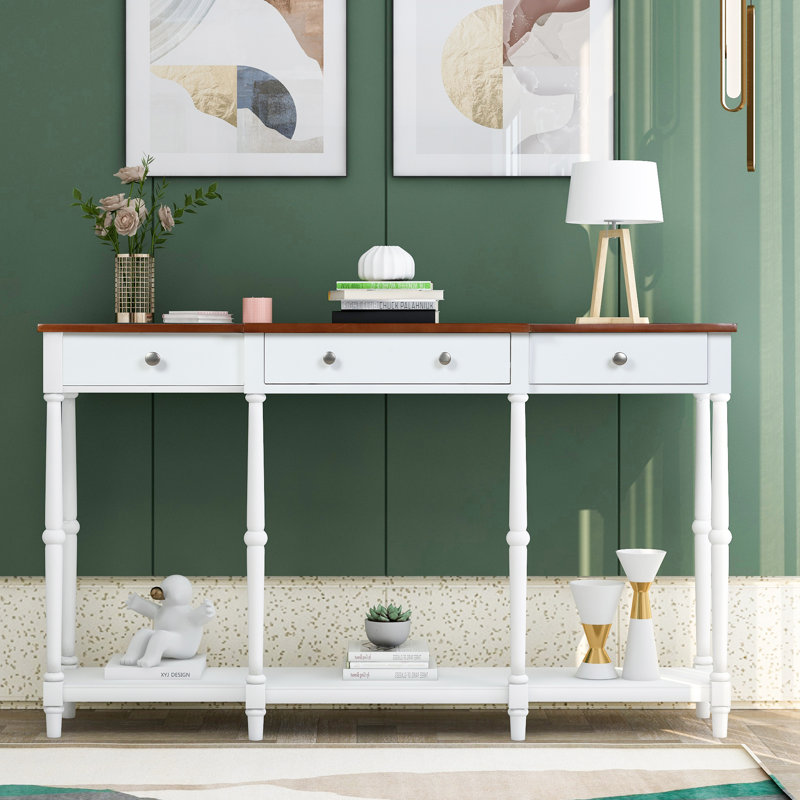 Console en bois massif 58,07 po Wampler, Brun, Blanc, H 34,06 po x l 58,07 po x P 11,02 po