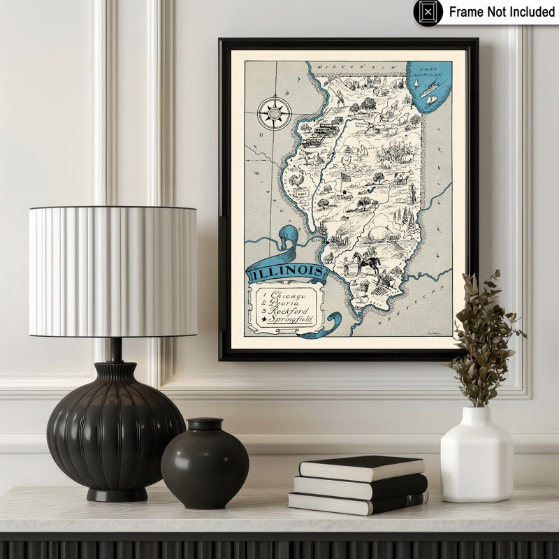 Carte illustrée de l'Illinois, Unframed, Poster, 11"H x 14"W