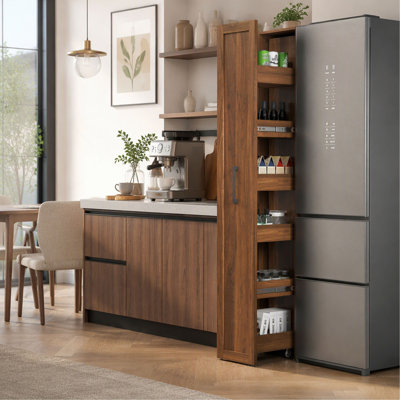 Large Slim Storage Cart, Kitchen Rolling Cart with Handle and Wheels, Narrow Storage Cabinet with Wood Spice Rack, Pantry Shelf for Small Spaces