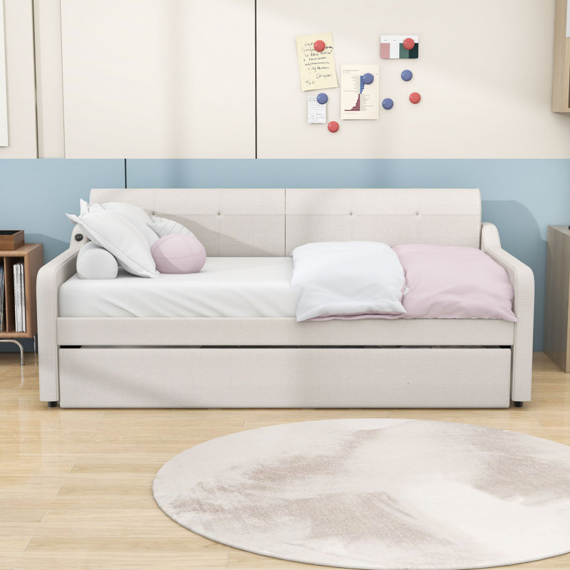 Twin Upholstery Daybed with USB Charging Armrest and Twin Trundle, Beige