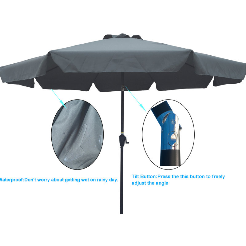 Parasol d'extérieur de 3 m avec rabat, 8 baleines, système d'inclinaison et manivelle, gris/anthracite, mât de 3,8 cm, toile délavée, manivelle carrée 8 pièces, respirante