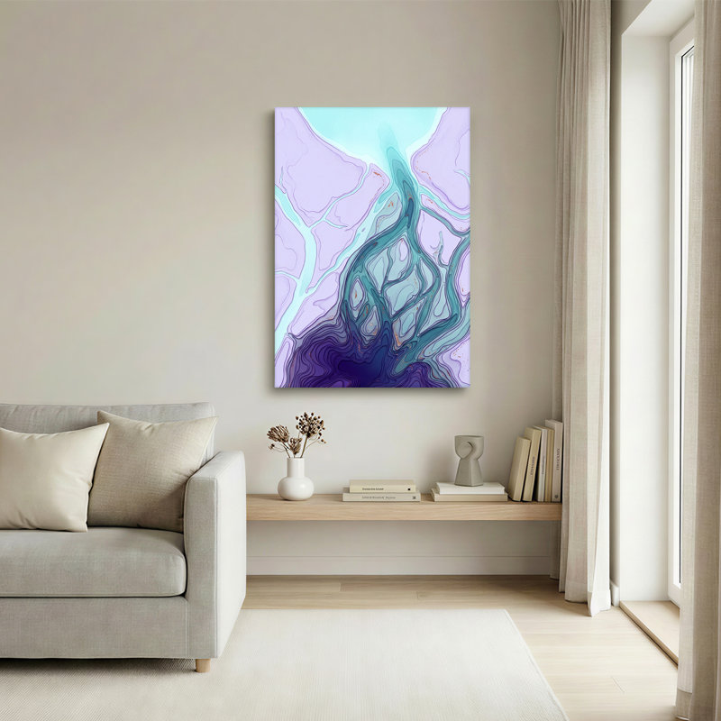 Purple and Teal Abstract Fluid Art With Gold Flecks Canvas Wall Art, 30"H x 20"W