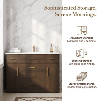 Meuble-lavabo 48 po avec rangement abondant, 2 portes à fermeture en douceur et 6 tiroirs, armoire en panneau de fibres à densité moyenne durable, élégance transitionnelle, fonctionnement silencieux pour la chambre principale, la salle d'invité et la salle d'eau