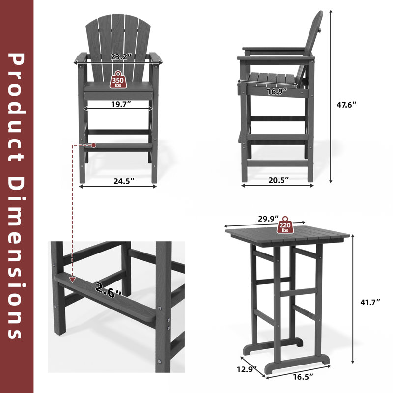 2-Person HDPE Square Outdoor Dining Set, Gray