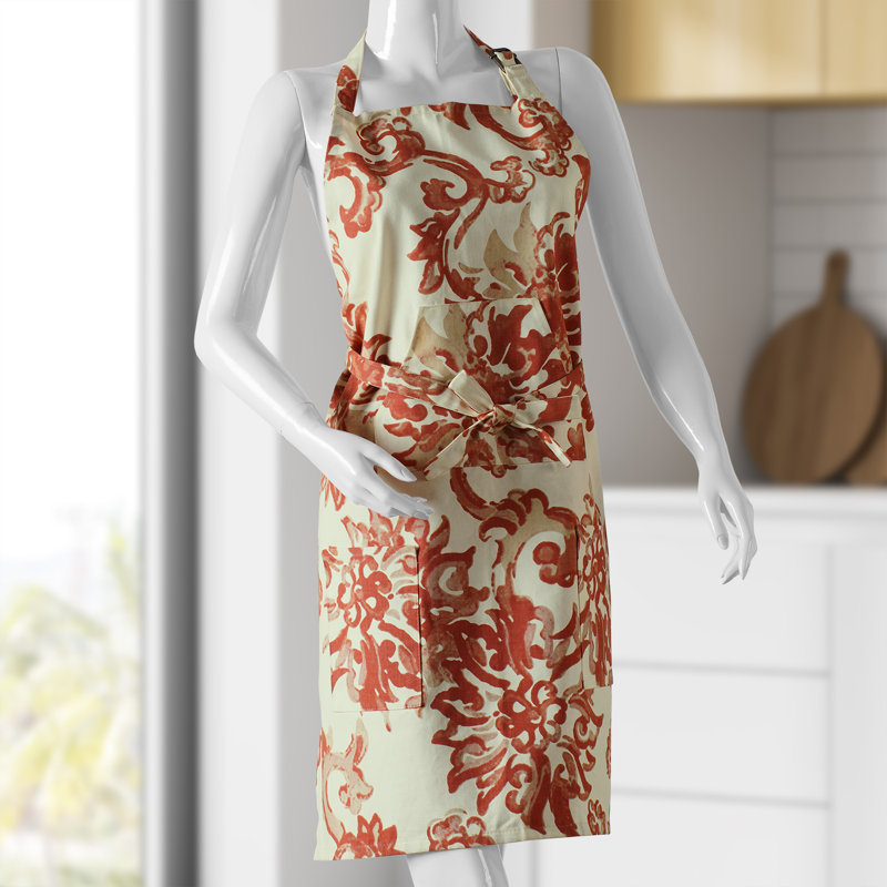 Printed Cotton Kitchen Apron with Pockets Adjustable, Indonesian Rust