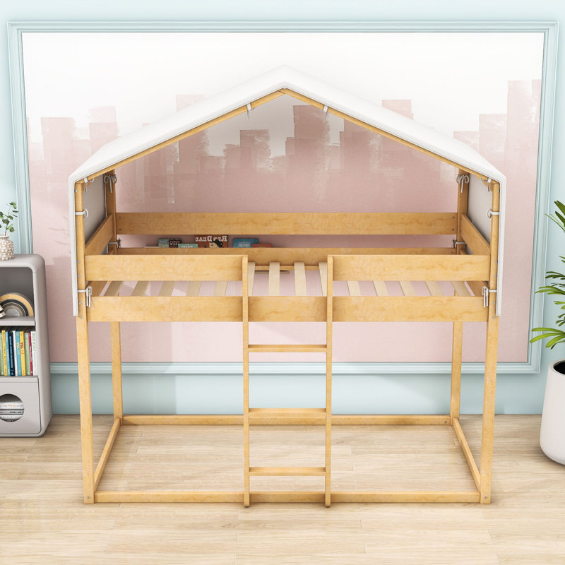 Lit superposé simple en bois avec tente et maisonnette, Naturel