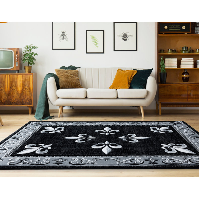Tapis noir à bordure Goines, Rectangle 1 pi 10 po x 2 pi 8 po