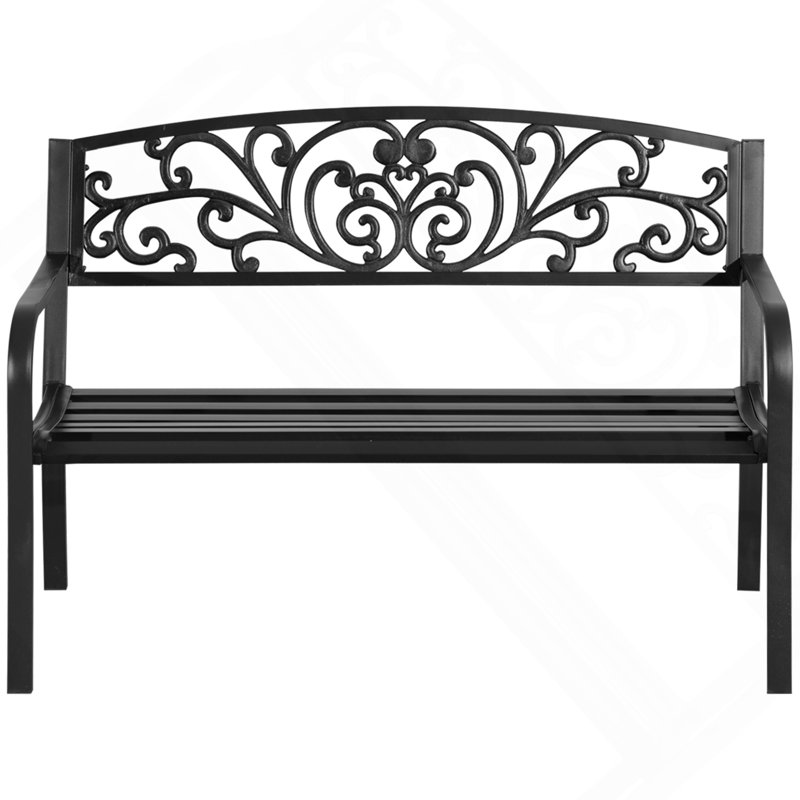 Outsunny 50" Outdoor Bench, Metal Garden Bench With Floral Pattern Backrest, Porch Bench With Slatted Seat For Park, Yard, Lawn, Black