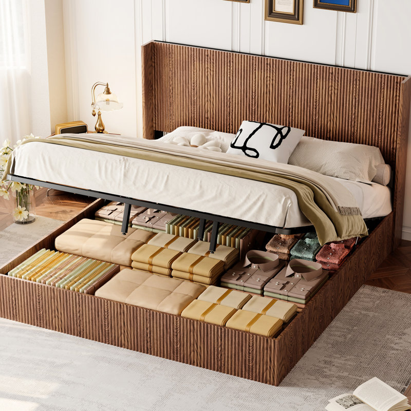 King Pine Bed Frame With Natural Wood Texture, Large Grooved Undulating Lift Storage, Stainless Steel Connection For Stability Walnut Color, Storage Function, Double Hydraulic Rods Easy Lifting