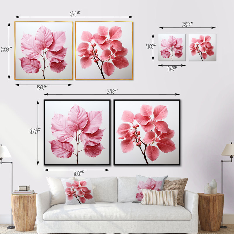 «Pink Leaves» Rose Radiance - ensemble de 2 feuilles carrées, Cadre flottant noir, H 36 po x l 73 po