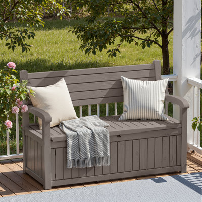 70 Gallon Storage Bench Durable Sturdy Resin Outdoor Storage Deck Box For Furniture And Supplies (Grey)