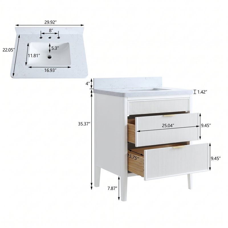 Meuble-lavabo autoportant entièrement assemblé avec comptoir en pierre reconstituée blanche, Blanc, 30"