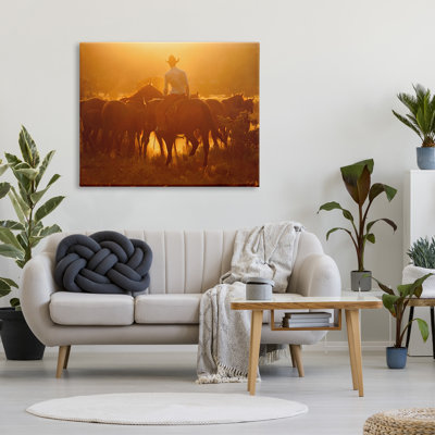 «Warm Sunlit Cowboy Riding Horse Country Ranch» par Lisa Dearing - photographie sur toile tendue