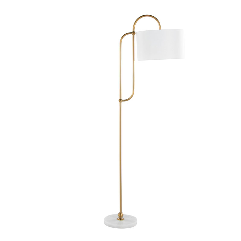 Lampe sur pied de 63 po en métal blanc et or avec abat-jour en lin blanc Leslie