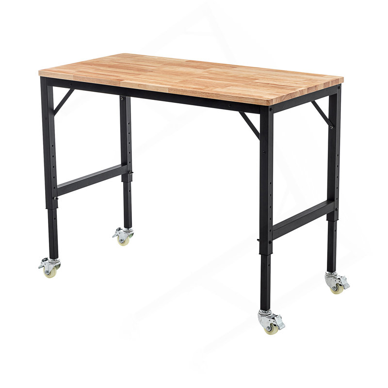 Établi réglable robuste de 48 po pour le garage, table d'atelier en bois d'hévéa avec roues en métal, poste de travail en bois franc, capacité de poids de plus de 2000 lb avec roues
