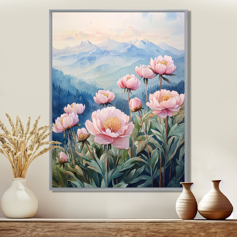 Pivoines dans la haute crête I - Pivoines, reproductions encadrées, H 32 po x l 16 po, Reproduction avec cadre flottant