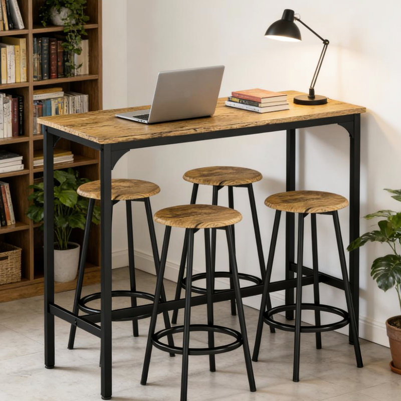 Table de cuisine de style industriel 5 pièces, plateau brun rustique, structure en métal noir, table de cuisine à assembler et 4 chaises avec charme, peu encombrante, assemblage, construction, requis