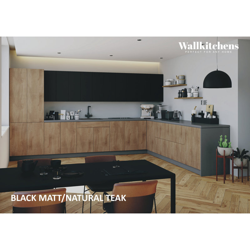 Cuisine complète moderne en panneau de fibres à densité moyenne en bois de teck naturel et noir W 156 , Teck naturel / noir