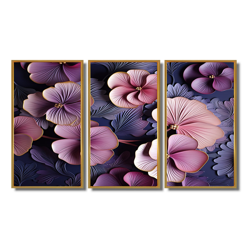 Momordique - Ensemble de décorations murales violettes, Cadre flottant doré, H 40 po x l 60 po x P 1 po