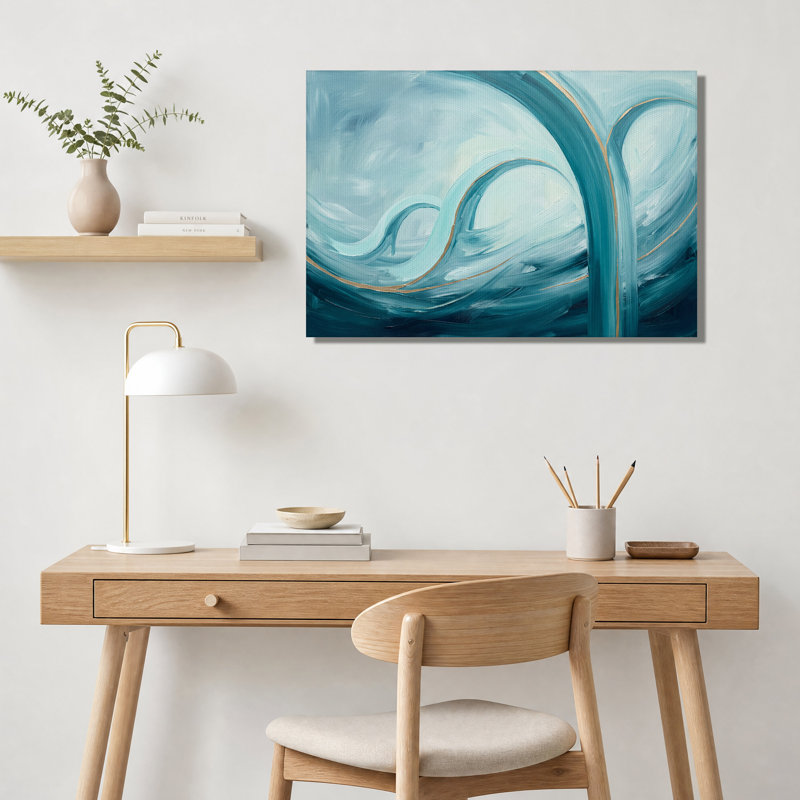 Toile abstraite bleue et bleu sarcelle avec lignes dorées, H 20 po x l 30 po
