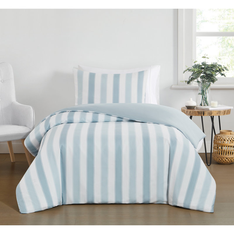 Twin Blue and White Striped Microfiber Comforter Set