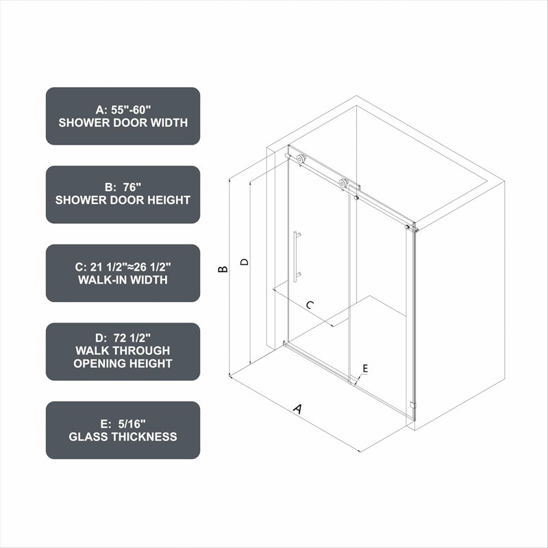 56"- 60" W X 76" H Soft Closing Sliding Frameless Black Shower Doors,water Repellent Shower Door,5/16" (8mm) Transparent Tempered Glass,matte Black