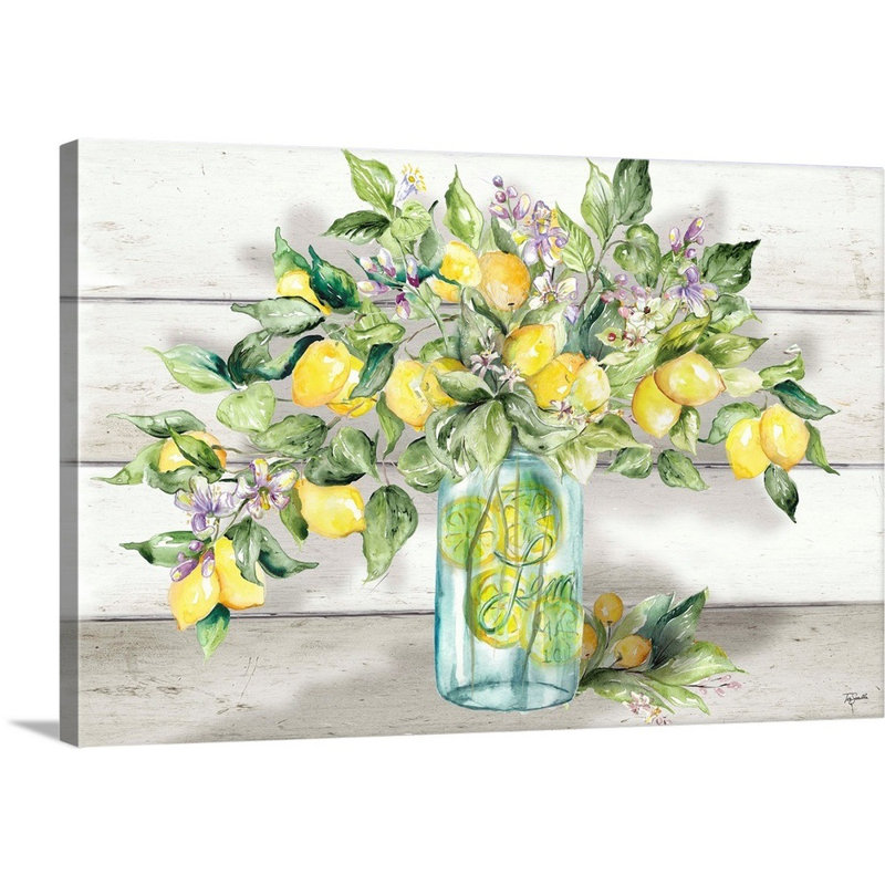 " Watercolor Lemons In Mason Jar Landscape " by Tre Sorelle Studios, Wrapped Canvas, No Frame, 24" H x 36" W
