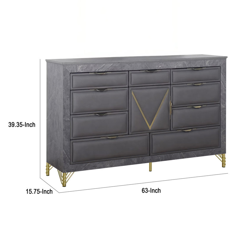 Commode large Semy, 10 tiroirs, 1 armoire, bois gris anthracite, or
