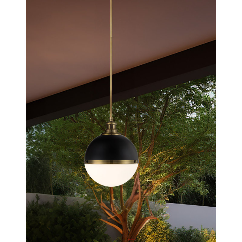Luminaire suspendu simple en métal avec abat-jour en verre Blosser, 13 po de largeur, Charbon / laiton vieilli oxydé