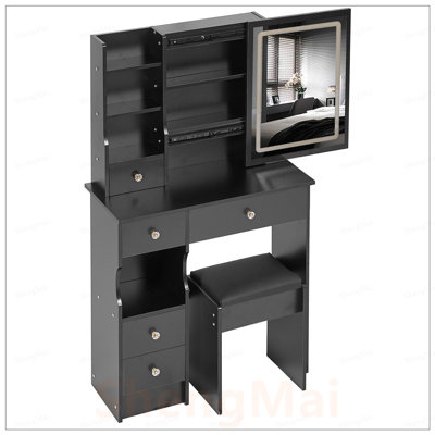 Ensemble de coiffeuse compacte à tiroir gauche avec miroir à DEL, luminosité réglable et tabouret rembourré pour les petits espaces