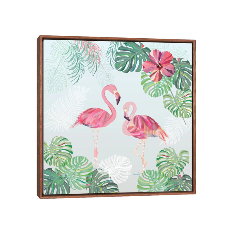 Festive Flamants de Turnowsky - impression d'art graphique, H 18 po x l 18 po x 1,5 po, Cadre flottant brun