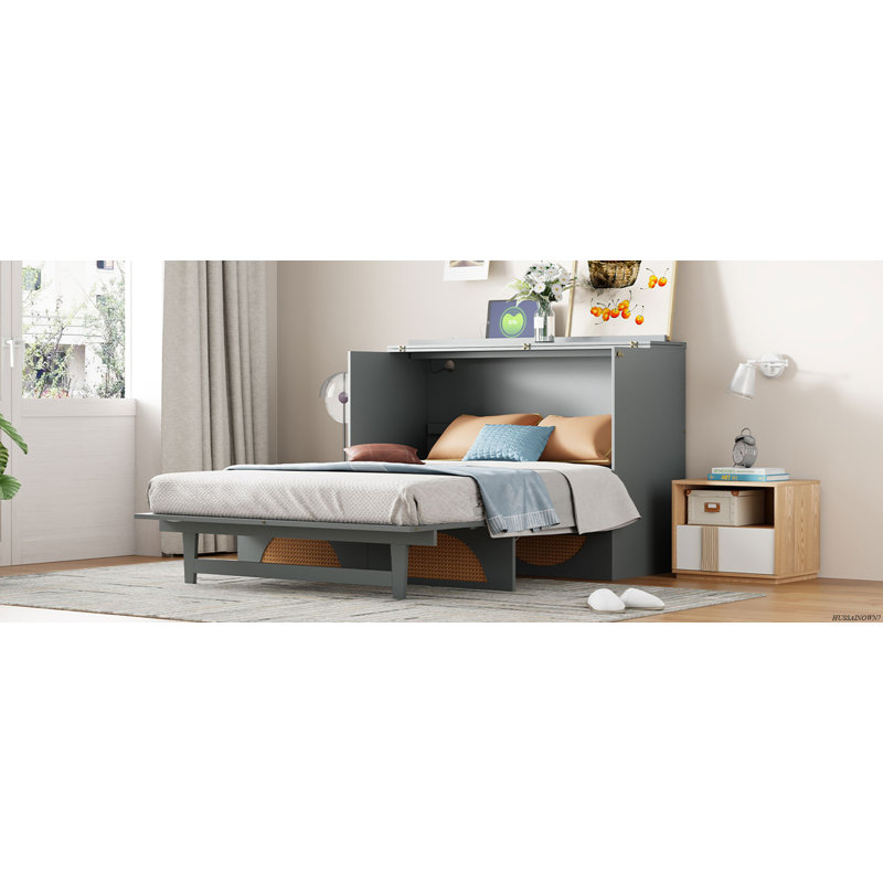 Lit escamotable avec grand tiroir, ports USB et prises USB, Gris, Lit double