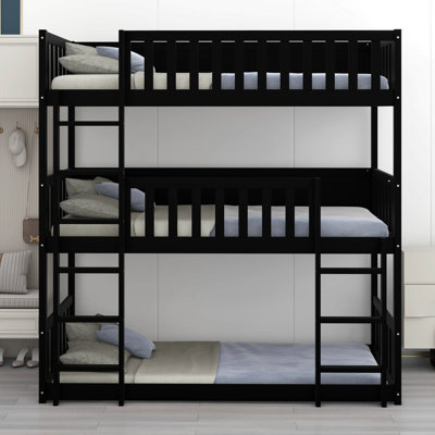 Twin Over Twin Over Twin Triple Bunk Bed (Solid Rubber Wood) – Ladders, Guardrails & Detachable Design