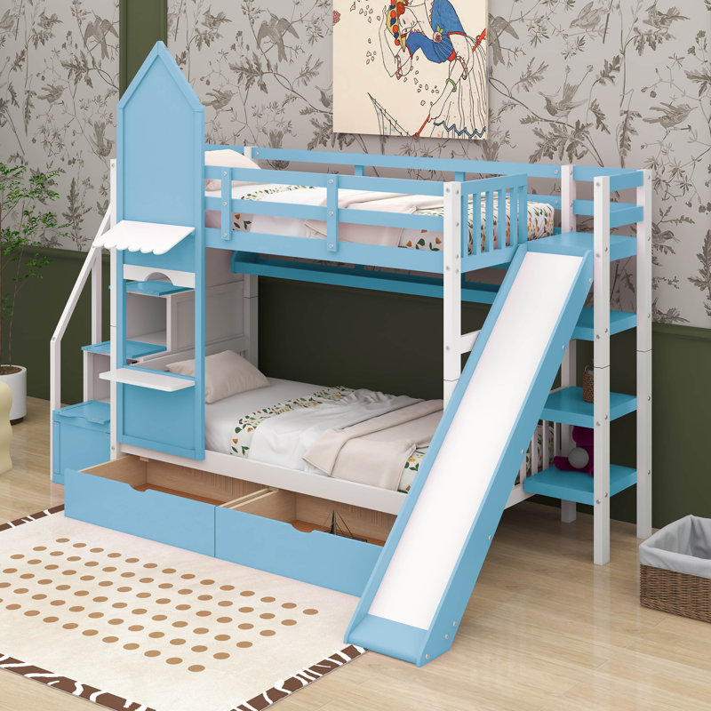 Lit superposé de style château avec tiroirs, tablettes et glissoire, Bleu,  Simple sur simple