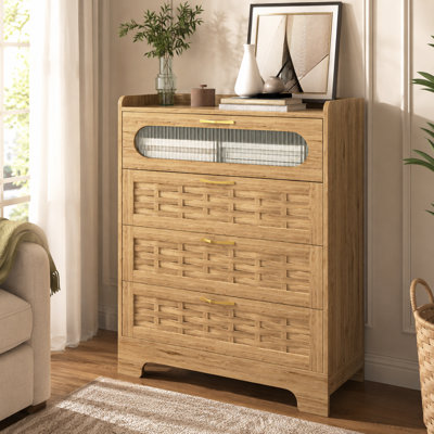 Brown Modern Four Drawer Dresser with Handles MDF Bedroom Storage Chest