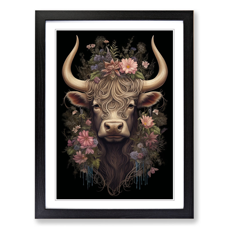 Highland Cow Victorian - Single Picture Frame Print on Wood, Black Framed, 64cm H x 46cm W x 2cm D