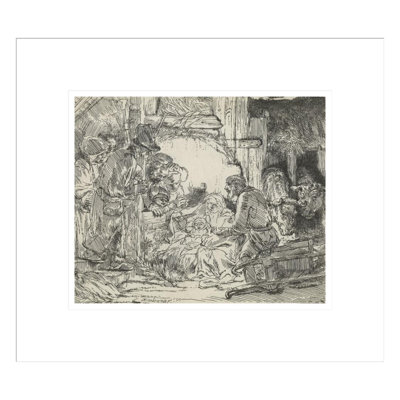«Adoration of the Shepherds with Lamp» par Rembrandt van Rijn - Estampe numérique encadrée