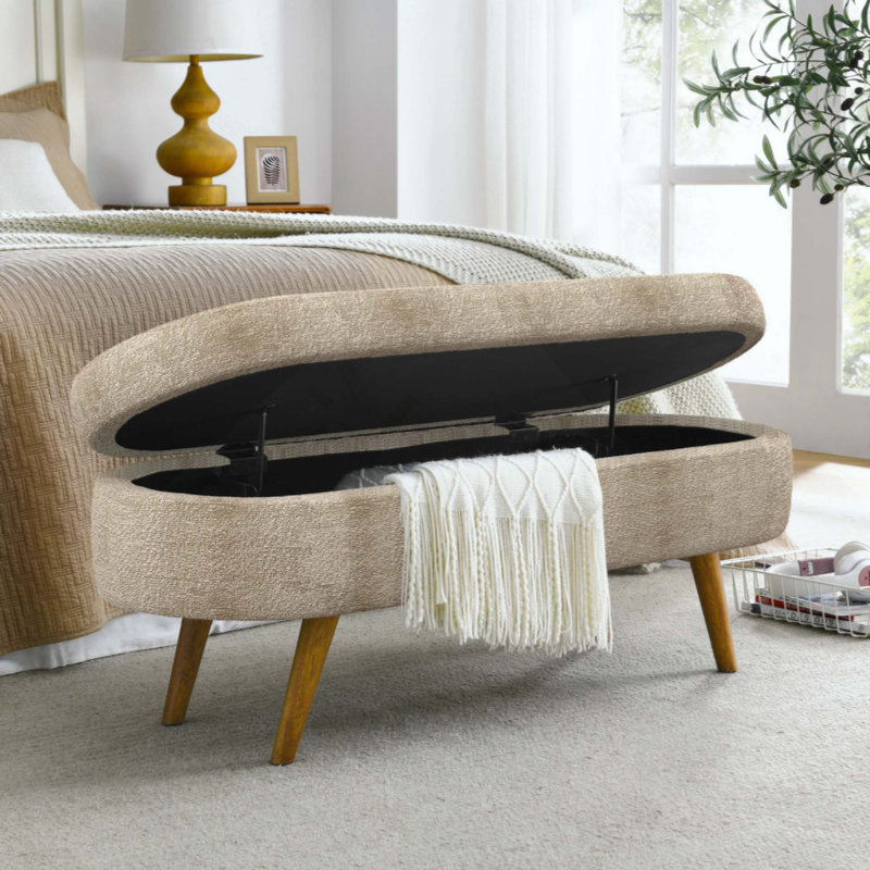 Repose-pieds ovale avec rangement en bois d'hévéa, tissu et utilisation polyvalente pour la décoration et l'organisation