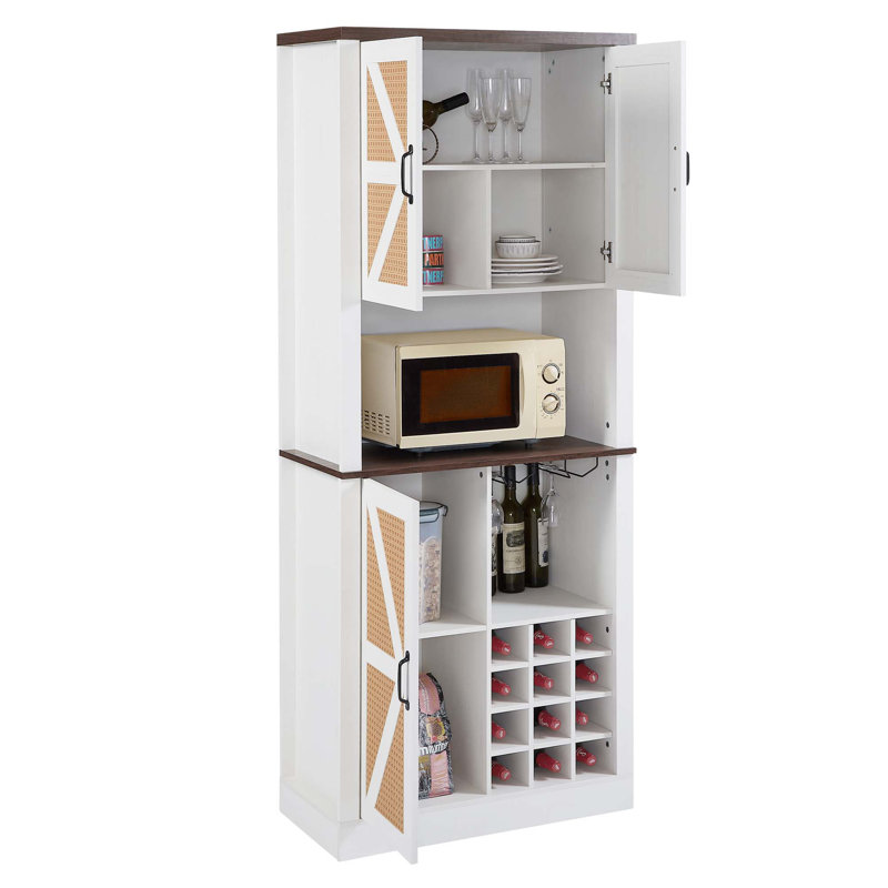 Grande armoire à vin de 76 po avec compartiments carrés et tablettes pour micro-ondes, Blanc / noyer