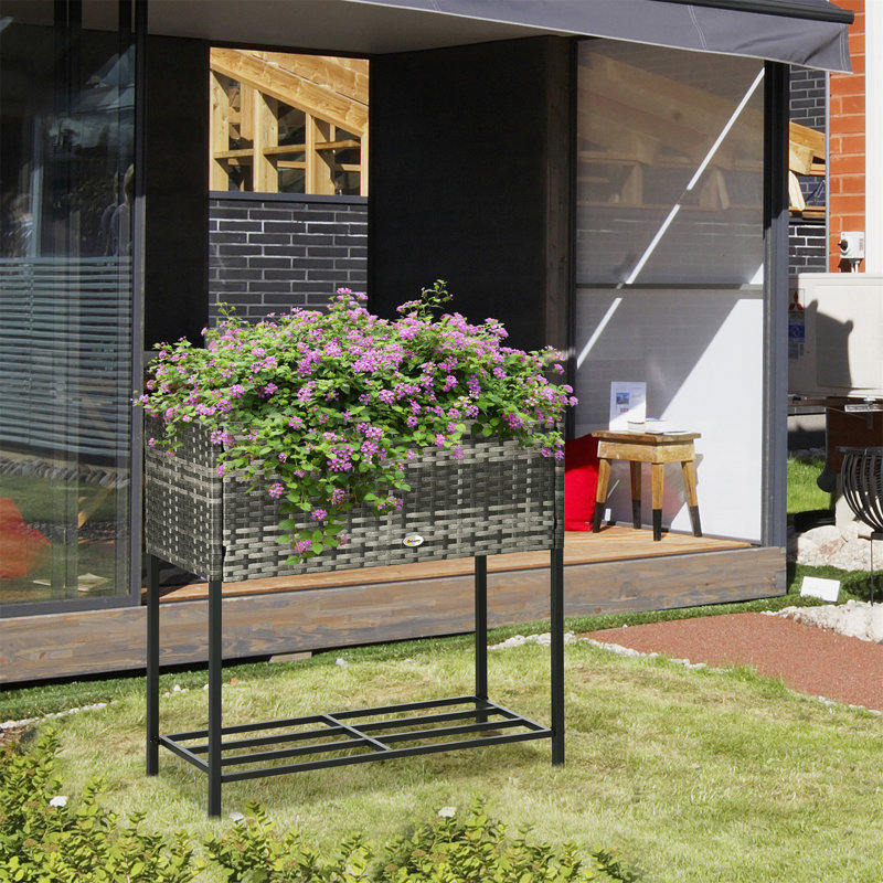 Outsunny Raised Garden Bed, Elevated Planter Box With Rattan Wicker Look, Tool Storage Shelf, Portable Design For Herbs, Vegetables, Flowers