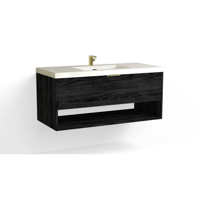 Modo 48" W Wall Mounted Single Bathroom Vanity, Glossy White/Single, White Acrylic, Satin Brass