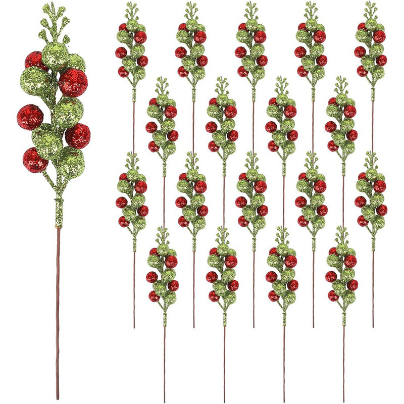 20 pièces de tiges de baies artificielles - branches d'arbre de Noël scintillantes rouges et vertes de 7,8 po, bourre de branches pour couronnes, guirlandes et décorations de maison de vacances